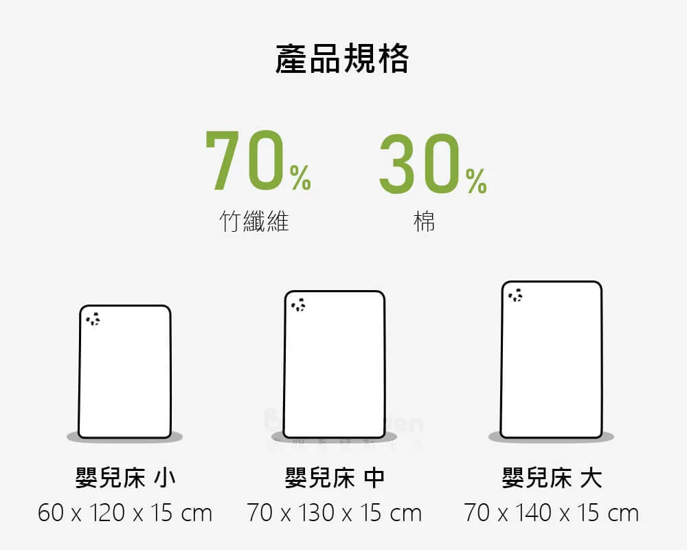 panda 嬰兒床保潔墊尺寸有 60x120 cm,70x130 cm,70x140 cm,